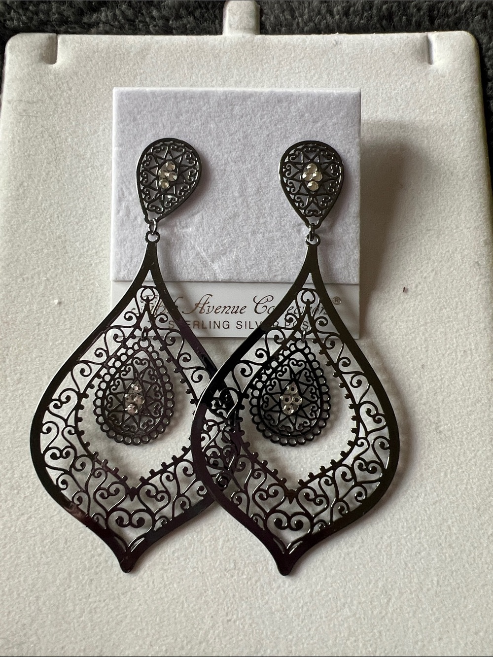 5th Avenue Black Filigree Teardrop Statement Earrings with Crystal Accents